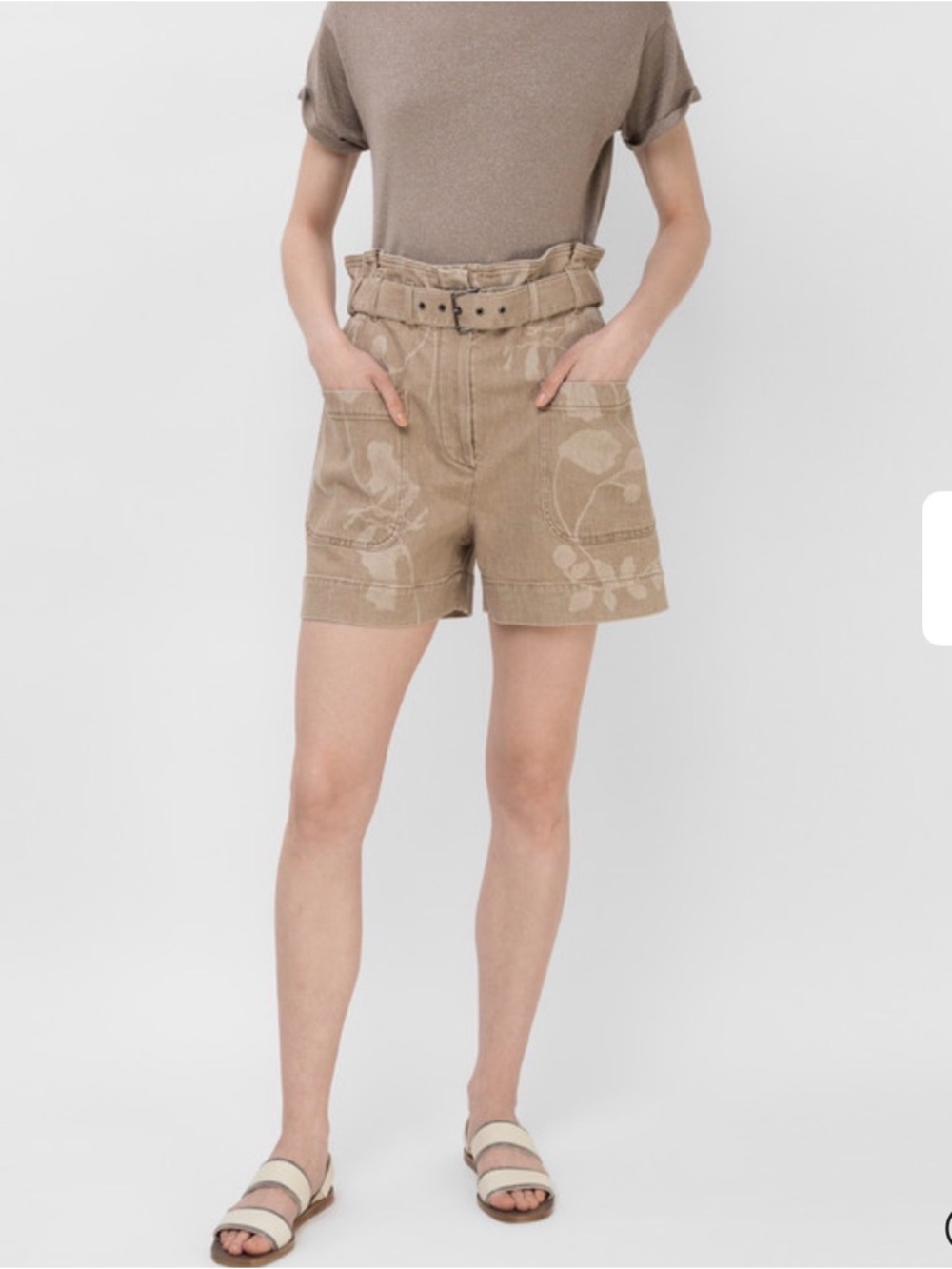 Brunello Cucinelli Taupe High-Waist Paperbag Shorts with Belt